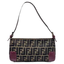 Fendi-Sac à bandoulière en cuir bordeaux Fendi Baguette Zucca Zucchino-Marron