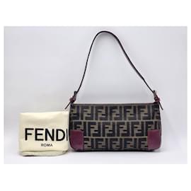 Fendi-Sac à bandoulière en cuir bordeaux Fendi Baguette Zucca Zucchino-Marron