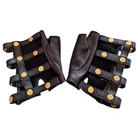 Rare Chanel 18C Paris-Greece Runway Black Leather Fingerless Gloves Size 7 Black Gold hardware
