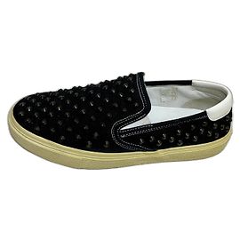 Saint Laurent Studded Canvas and Leather Flats Black White Black White