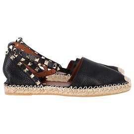 Valentino Garavani Rockstud Ankle Strap Espadrille Flats in Black Leather Black