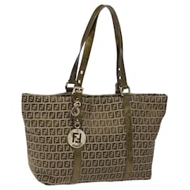 Fendi-FENDI Zucchino Canvas Tote Bag Beige Gold Auth hk2114-Beige,Golden