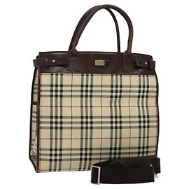 BURBERRY Nova Check Hand Bag Canvas 2way Beige Auth sw128 Beige