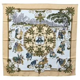 Hermès-HERMES Carre 90 Scarf ""Joise d' hiver"" Silk Brown White Auth hk2278-Brown,White