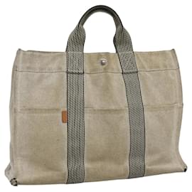 Hermès-HERMES Nouveau Fourre Tout MM Sac à Main Toile Gris Argent Auth ti2884-Marron,Argenté