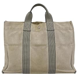 Hermès-HERMES Nouveau Fourre Tout MM Sac à Main Toile Gris Argent Auth ti2884-Marron,Argenté