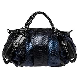 Borsa Galaxy Grande in Python Blu e Pelle Nera Gucci Nero Blu Blu scuro