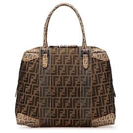 Fendi-Fendi Brown Large Zucca Canvas Mixed Media Tote-Brown