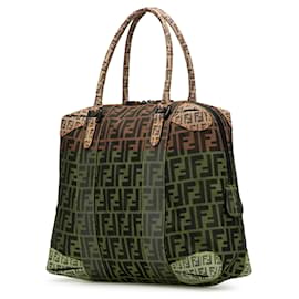 Fendi-Fendi Brown Large Zucca Canvas Mixed Media Tote-Brown