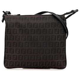 Fendi-Fendi Brown Zucchino Canvas Crossbody-Brown,Dark brown