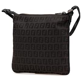 Fendi-Fendi Brown Zucchino Canvas Crossbody-Brown,Dark brown