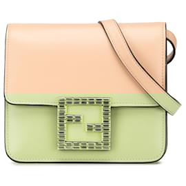 Fendi-Fendi Brown Leather Crystal Fab Crossbody-Brown,Beige