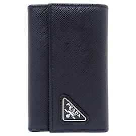 Prada-NINE PRADA KEY CHAINS 6 KEYS 2PG222 IN BLACK SAFFIANO LEATHER BLACK KEY HOLDER-Black