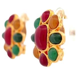 Chanel-NEUF BOUCLES D'OREILLES CHANEL BYZANTINE 1993 CABOCHONS VERRE GRIPOIX EARRINGS-Doré