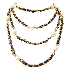 Chanel-VINTAGE CHANEL SAUTOIR NECKLACE 1994 INTERLACED CHAIN LEATHER GOLDEN PEARLS-Golden