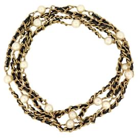 Chanel-VINTAGE CHANEL SAUTOIR NECKLACE 1994 INTERLACED CHAIN LEATHER GOLDEN PEARLS-Golden
