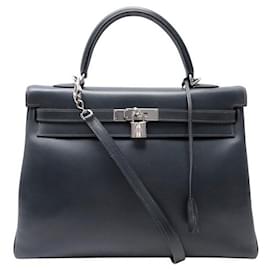 Hermès-HERMES KELLY 35 RETURNED IN GREY BOX LEATHER WITH STRAP HAND BAG-Grey