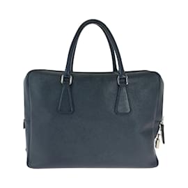 Prada-Prada Saffiano Triangle Logo Plate Handbag-Navy blue