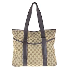 Gucci-Gucci Beige Brown GG Canvas Leather Tote Bag-Brown,Beige