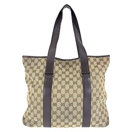 Gucci-Gucci Beige Brown GG Canvas Leather Tote Bag-Brown,Beige