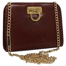 Bolsa de ombro de couro marrom e dourado Gancini Chain da Salvatore Ferragamo Auth bs23090 Marrom Dourado