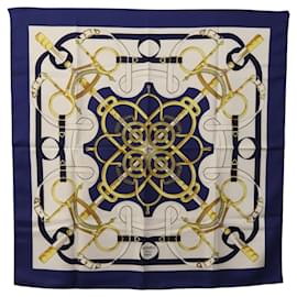 Hermès-HERMES Carre 90 Scarf ""Eperon d'Or"" Silk Blue Auth KD001-Blue