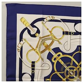 Hermès-HERMES Carre 90 Scarf ""Eperon d'Or"" Silk Blue Auth KD001-Blue