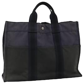 Hermès-HERMES Fourre Tout MM Sac à Main Toile Marine Argent Auth bs23295-Argenté,Bleu Marine