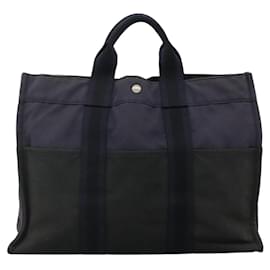 Hermès-HERMES Fourre Tout MM Sac à Main Toile Marine Argent Auth bs23295-Argenté,Bleu Marine
