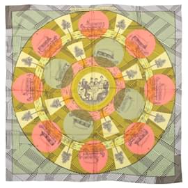 Hermès-Hermès Carré 90 "JEU DES OMNIBUS ET DAMES BLANCHES" 100% Silk Scarf in Green-Green