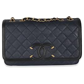 Chanel-Chanel Navy Black Quilted Caviar Medium CC Filigree Flap Handbag-Black,Blue