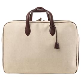 Hermès-HERMES Victoria 50 Taurillon x Toile Travel Bag in Brown x Beige Metal Fittings-Beige