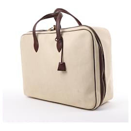Hermès-HERMES Victoria 50 Taurillon x Toile Travel Bag in Brown x Beige Metal Fittings-Beige