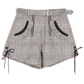 Self portrait- Self-Portrait Plaid Belted Mini Shorts in Grey Wool-Grey