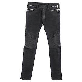 Balmain Waxed Slim-Fit Biker Jeans in Black Cotton Denim Black