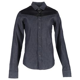 Langarmhemd aus grauem Baumwoll-Denim mit Lederbesatz von Saint Laurent Grau