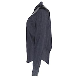 Saint Laurent-Chemise à manches longues en denim coton gris avec finitions en cuir Saint Laurent-Gris