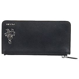 Porte-clés zippé Bellhop de Prada en cuir Saffiano noir Bleu Bleu Marine