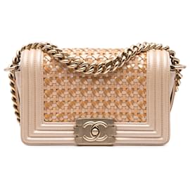 Chanel-Chanel Brown Small Metallic Calfskin Braided Le Boy Flap-Brown,Beige
