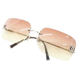 Chanel-Chanel CC Logo Silver Salmon Pink Tinted Rhinestone Sunglasses-Silvery,Pink