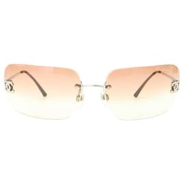 Chanel-Chanel CC Logo Silver Salmon Pink Tinted Rhinestone Sunglasses-Silvery,Pink