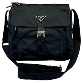 Prada-Prada Black Tessuto Nylon Logo Crossbody Shoulder Messenger Buckle Bag-Black
