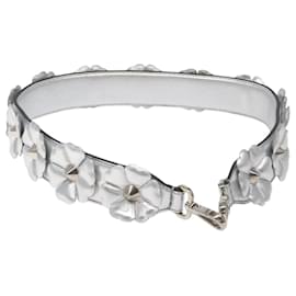 Fendi-FENDI Flower Shoulder Strap Leather 31.9"" Silver Auth MY145-Silvery