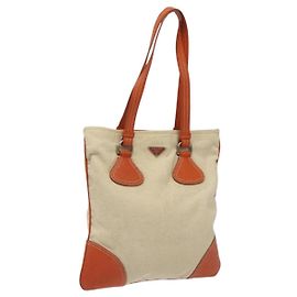PRADA Sac à main en toile beige argent Auth EC559 Argenté Beige