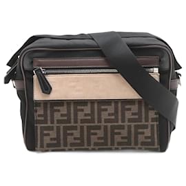 Fendi-Fendi Zucca Leather Nylon Shoulder Tote Bag-Brown,Black