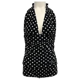 Dolce & Gabbana-Dolce & Gabbana Black / White Polka Dots Ruched Halter Swimsuit-Black