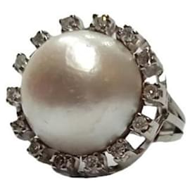 Autre Marque-Anillo con Perla Mabe y Orla de Brillantes Oro Blanco 18K-Other