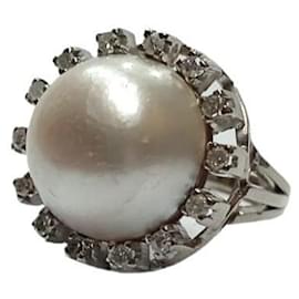 Autre Marque-Anillo con Perla Mabe y Orla de Brillantes Oro Blanco 18K-Other