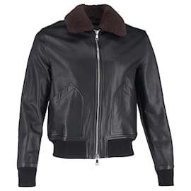 Autre Marque- Mr. P. Shear Trim Zipped Bomber Jacket in Black Leather-Black