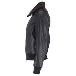 Autre Marque- Mr. P. Shear Trim Zipped Bomber Jacket in Black Leather-Black